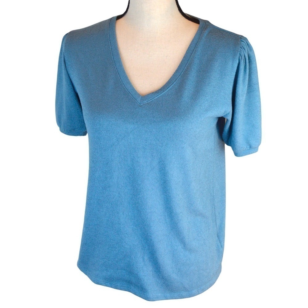 MOD REF Short Puff Sleeve Loose Fit‎ V-Neck Sweater Top, Size XS Powder Blue
